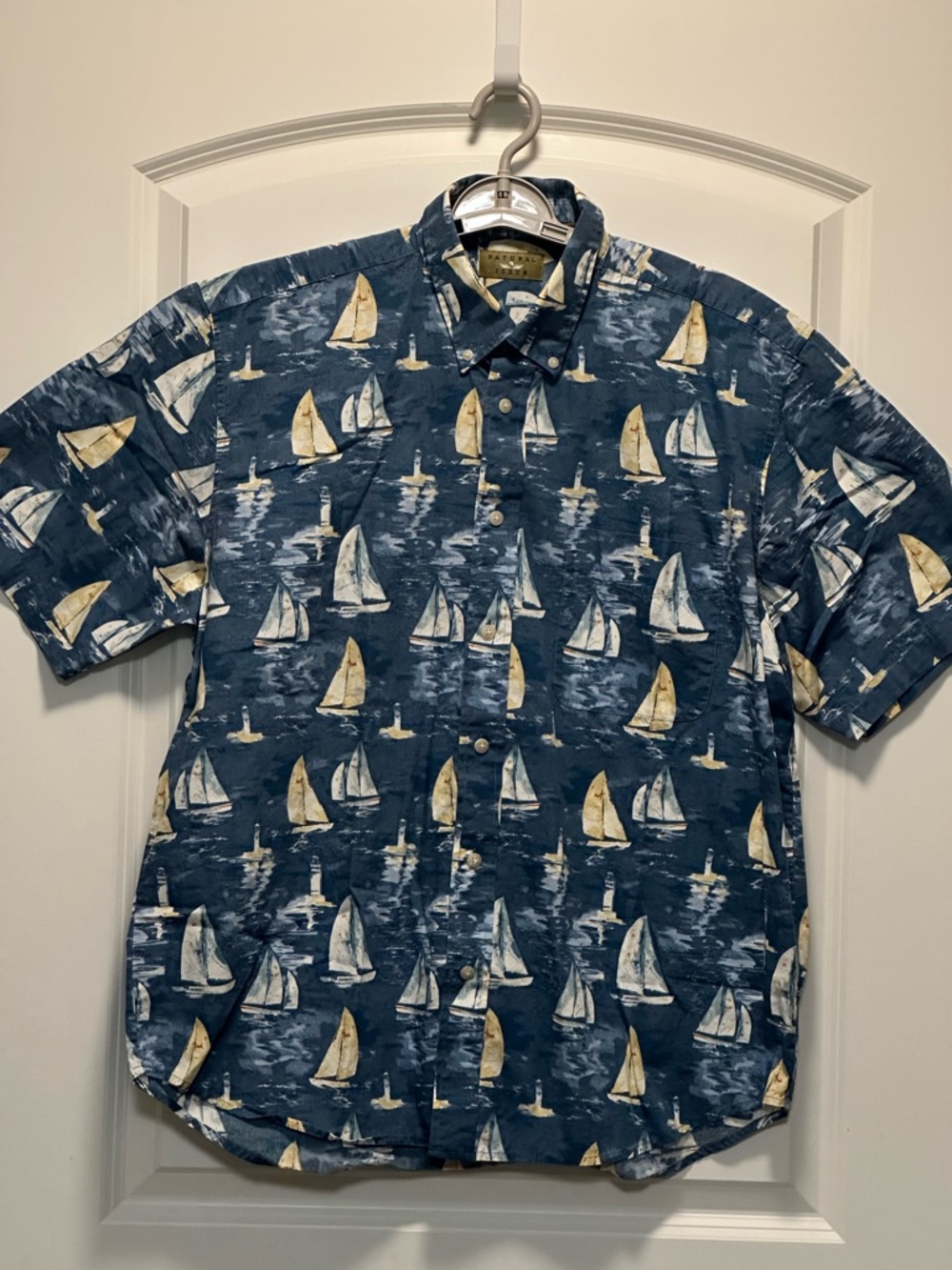 Natural Issue Sailing Shirt Mens Large Blue Nautical Boats Button Up Cotton Vtg - Picture 2 of 10
